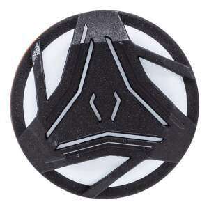 Top-down view of a black fastpitch softball bat end cap with a white geometric pattern and orange trim.