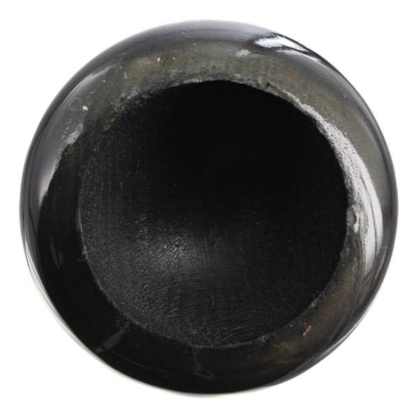 Top-down view of a black baseball bat end with a hollowed interior and wood grain texture.