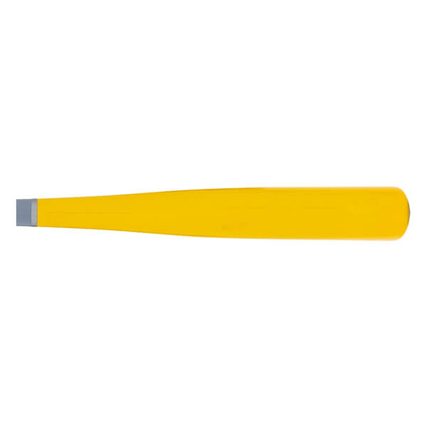 Full view of a yellow baseball bat with a tapered barrel and a gray end cap on the handle.