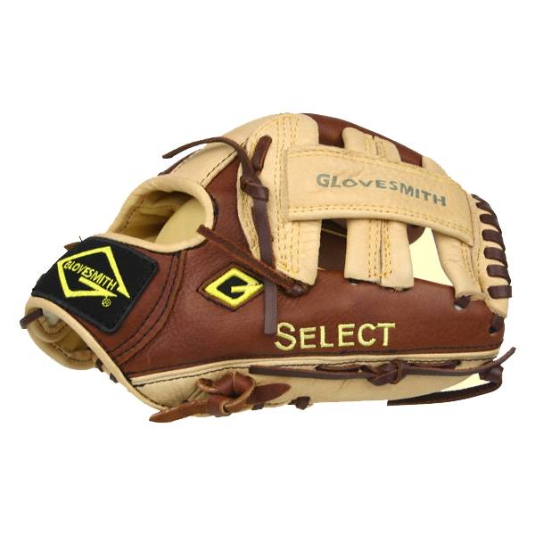 Side view of a brown and tan baseball glove with GLOVESMITH and SELECT text.