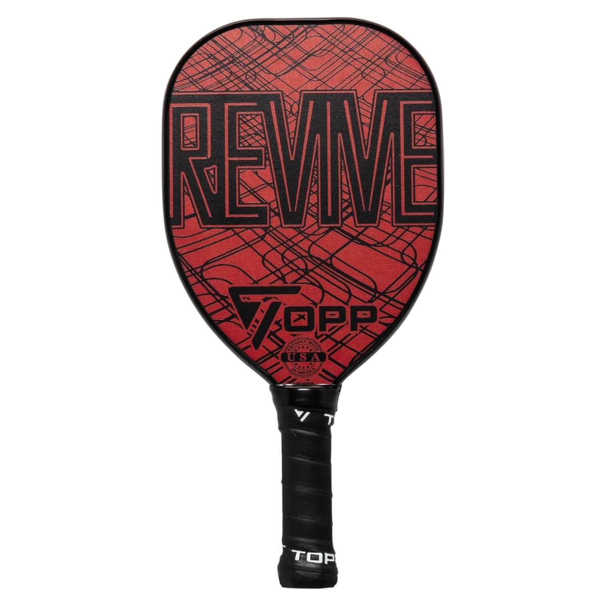 Front view of a red pickleball paddle with black REVIVE text, TOPP USA logo, and a black grip.