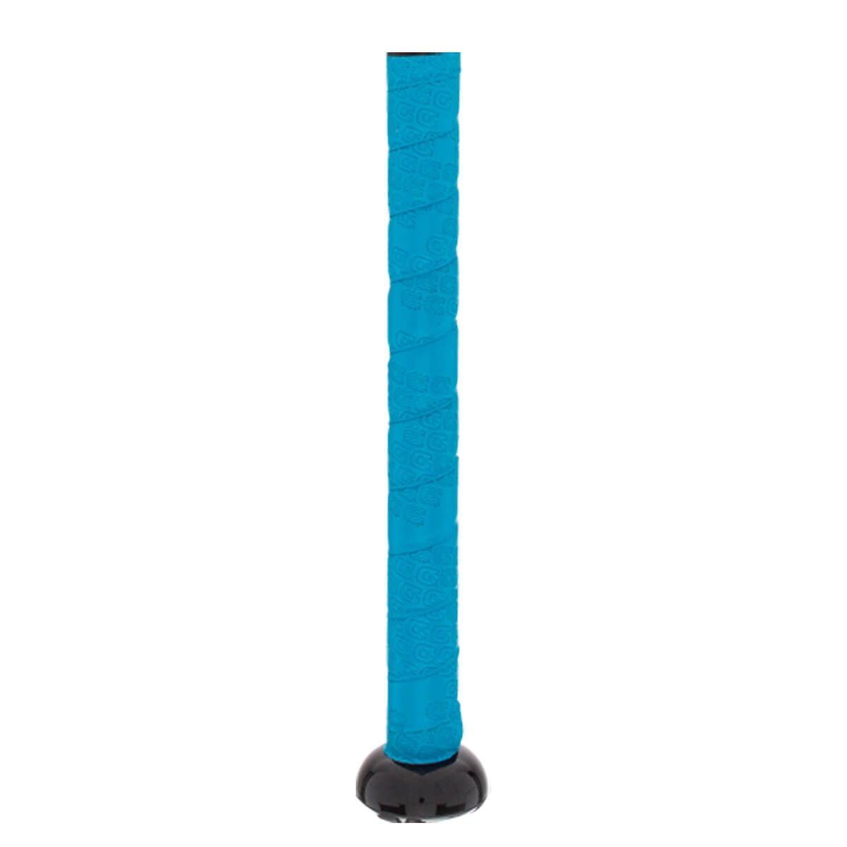 Close-up of a blue softball bat grip with a black end cap.
