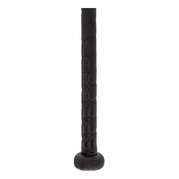 Close-up of a black baseball bat grip with a textured spiral pattern and a black knob.