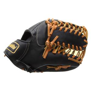 Side view of a black baseball glove with tan lacing and a gold Franklin logo.