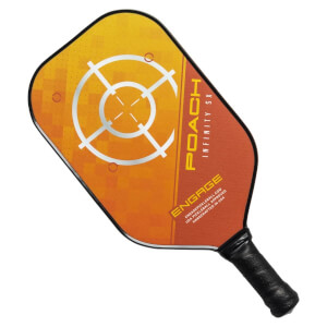 Top-down view of an orange pickleball paddle with a white target design and POACH INFINITY SX text.