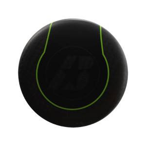 Top-down view of a black baseball bat end with a green outline and a black logo.