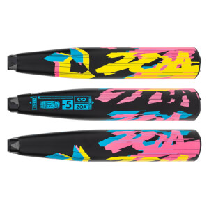 Side view of a black baseball bat with pink, yellow, and blue ZOa graphics and USSSA certification.