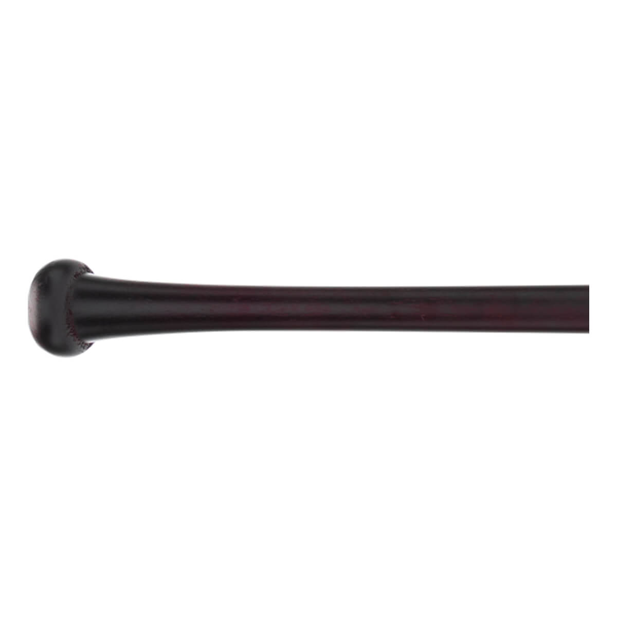 Side view of a dark brown baseball bat with a rounded knob and a smooth, tapering handle.