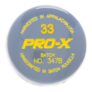 Top-down view of a gray baseball bat puck with yellow PRO-X text, 33, and HARVESTED IN APPALACHIA, USA.