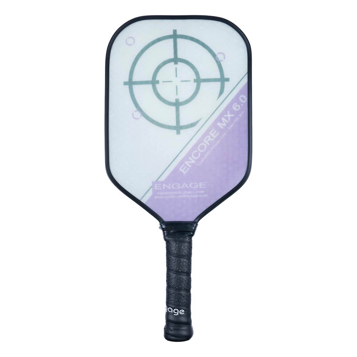 Front view of a white pickleball paddle with a target design, ENCORE MX 6.0, and ENGAGE text.