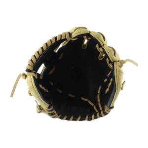 Top-down view of a tan baseball glove with a black interior and tan lacing.