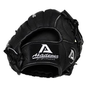 Front view of a black baseball glove with Akadema professional logo and white stitching.