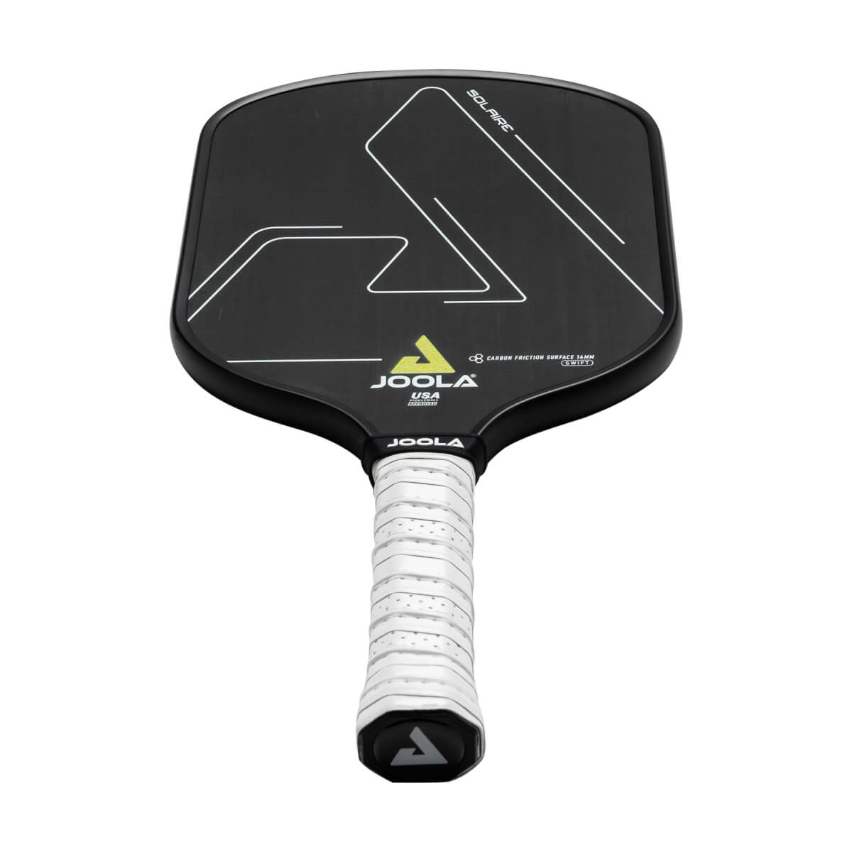 Top-down view of a black JOOLA Solaire CFS pickleball paddle with white grip and geometric white lines.