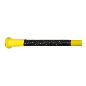 Side view of a yellow baseball bat with a yellow and black grip.