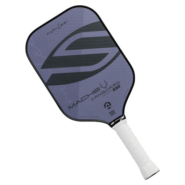 Top-down view of a purple pickleball paddle with a large black S logo, MACH6 VANGUARD 2.0, and a white grip.