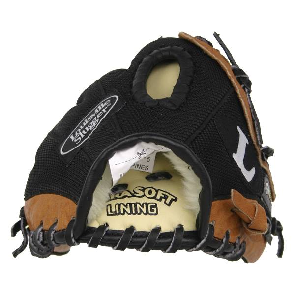 Front view of a black youth baseball glove with brown leather accents and Louisville Slugger branding.