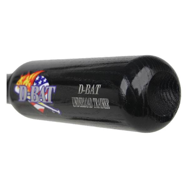 Side view of a black D-Bat Underload Training baseball bat with D-BAT logo and text.