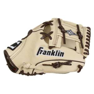 Side view of a tan baseball glove with brown lacing and Franklin logo.
