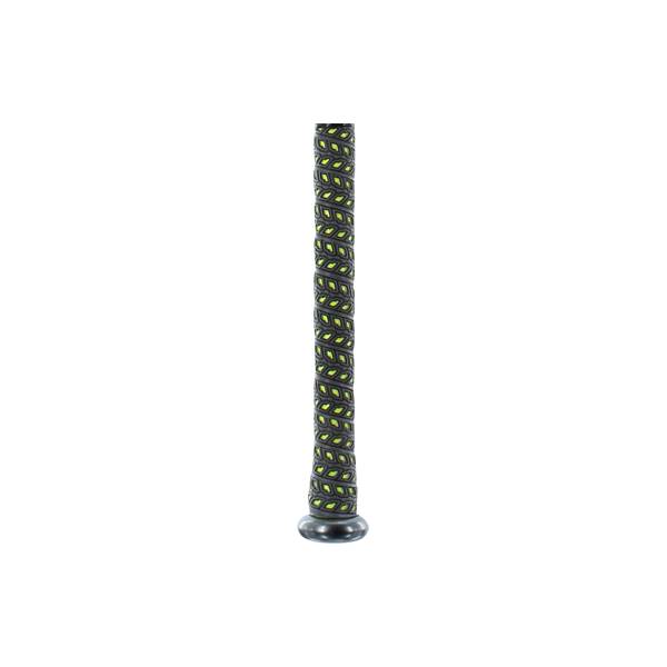 Close-up of a black baseball bat grip with a lime green diamond pattern and a black end cap.