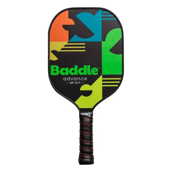Front view of a black pickleball paddle with colorful geometric accents and Baddle advance -XT GRIP- text.