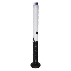 Close-up of a black softball bat handle with white grip tape and purple accents.