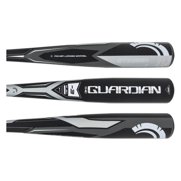 Multiple barrel views of the black and gray bat featuring "THE GUARDIAN" and "STINGER" text with bold white geometric graphics and a feathered crest logo.
