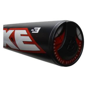 Close-up of a black baseball bat with red and white KE logo and ENGINEERED HITTING ZONE text.