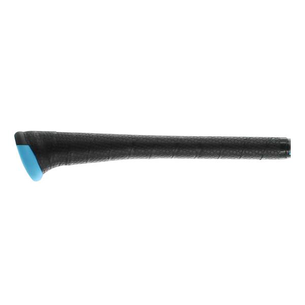 Side view of a black baseball bat with a textured grip and blue end cap.
