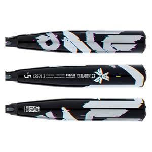 Top-down view of a black baseball bat with white glitch graphics and DEMARINICF text.