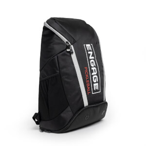Side view of a black pickleball backpack with white and red Engage Pickleball branding and a zippered pocket.