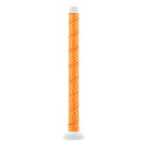 Close-up of an orange baseball bat grip with a dotted pattern and white end cap.