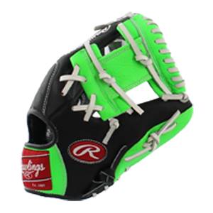 Side view of a black and neon green baseball glove with white lacing and a red Rawlings logo.