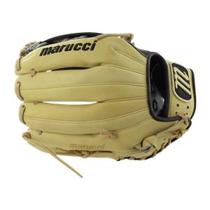 Side view of a tan baseball glove with black accents and marucci branding.
