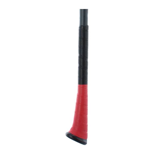 Close-up of a black and red baseball bat grip with a flared end.