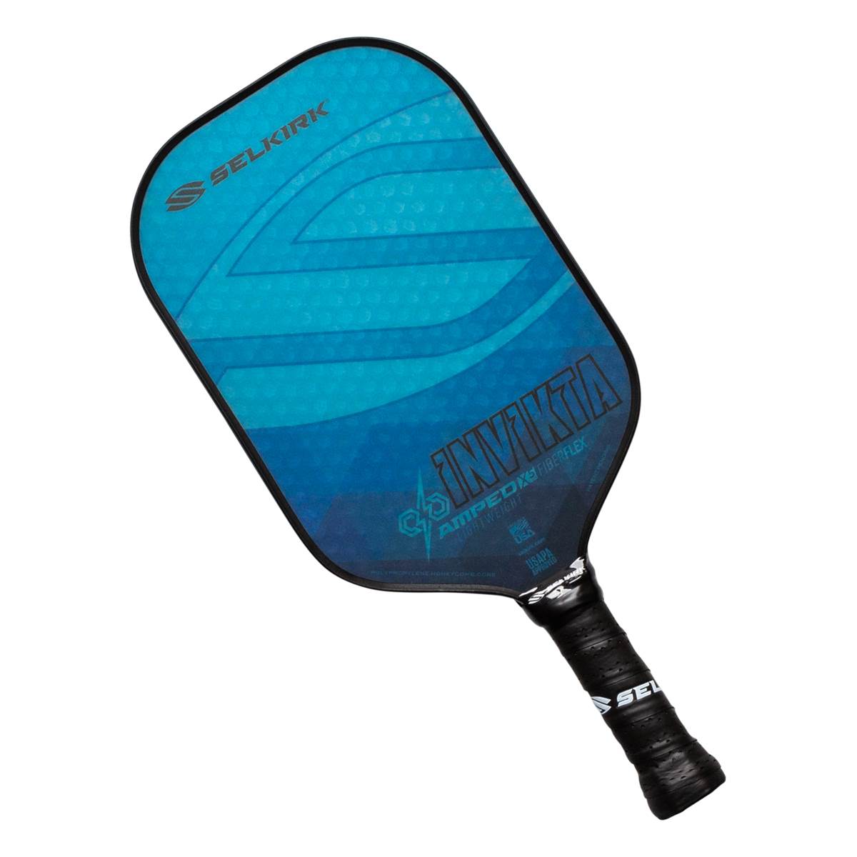 Top-down view of a blue pickleball paddle with SELKIRK and INV IKTA branding.