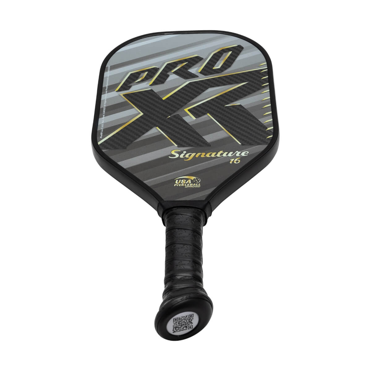 Front view of a black pickleball paddle with PRO X and Signature 16 text, and a QR code on the handle.