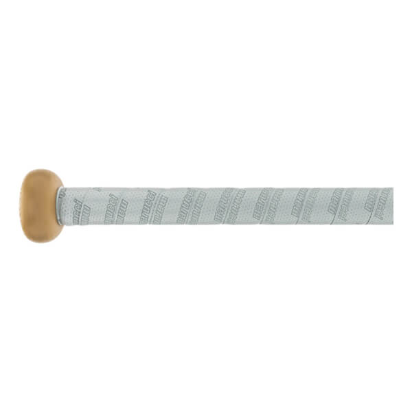 Side view of a softball bat handle with a tan knob and white perforated grip tape displaying repeated Marucci text.