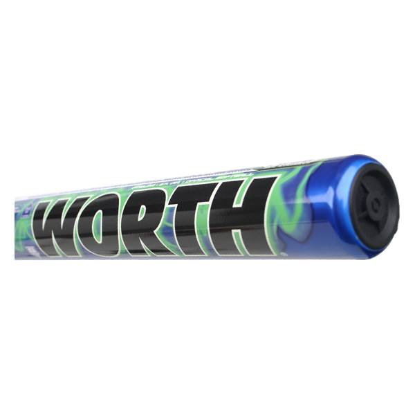 Side view of a blue softball bat with green flame design and WORTH text.