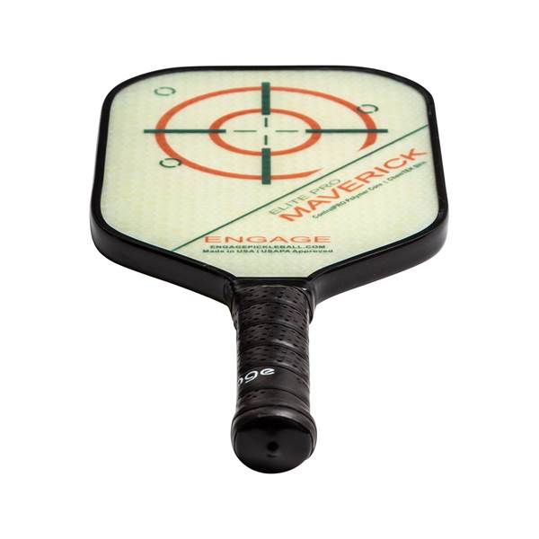 Top-down view of a cream pickleball paddle with a target design, Elite Pro Maverick text, and a black grip.
