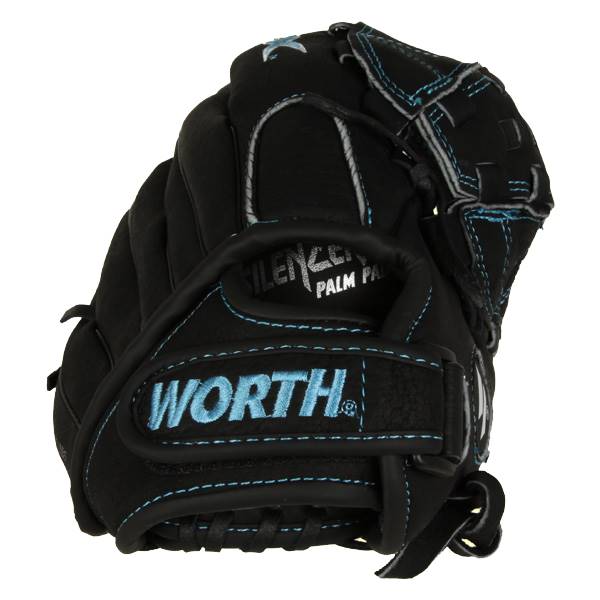 Front view of a black fastpitch glove with blue stitching, WORTH logo, and SILENCE PALM text.