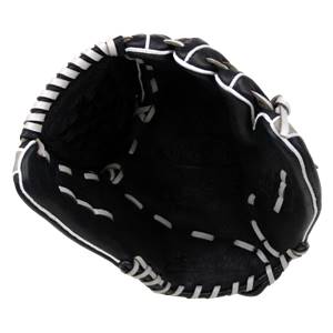 Top-down view of a black baseball glove with white stitching and a black interior.