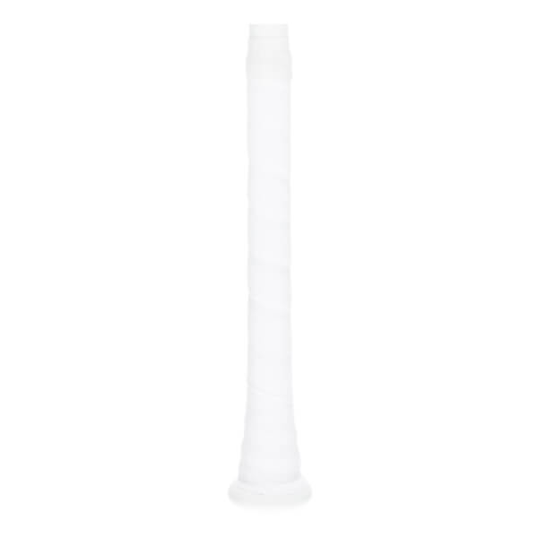 Close-up of a white baseball bat grip with a textured, wrapped surface and a flared knob.