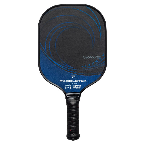 Front view of a black pickleball paddle with blue wave design, WAVE TEMPEST text, and PADDLETEK logo.