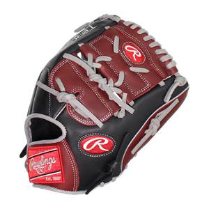 Top-down view of a black and burgundy baseball glove with white stitching and red Rawlings logo patch.