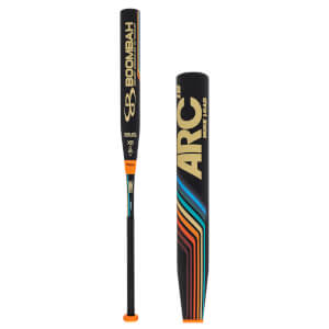 Front view of a black baseball bat with gold "BOOMBAH" text and colorful stripes.