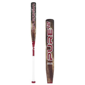 Side view of a baseball bat with a distressed American flag design, featuring "BOOMBAH" and "PURE12" text.