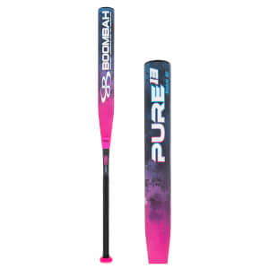 Side view of a Boombah Pure El baseball bat with a pink and purple gradient and "PURE EL" text.