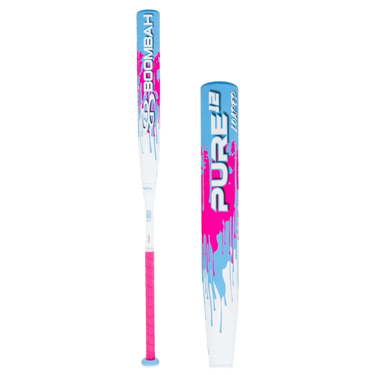 Front view of a white baseball bat with blue and pink drip design, "PURE 12" and "LOADED" text.