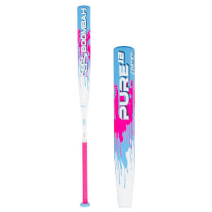 Front view of a white baseball bat with blue and pink drip design, "PURE 12" and "LOADED" text.