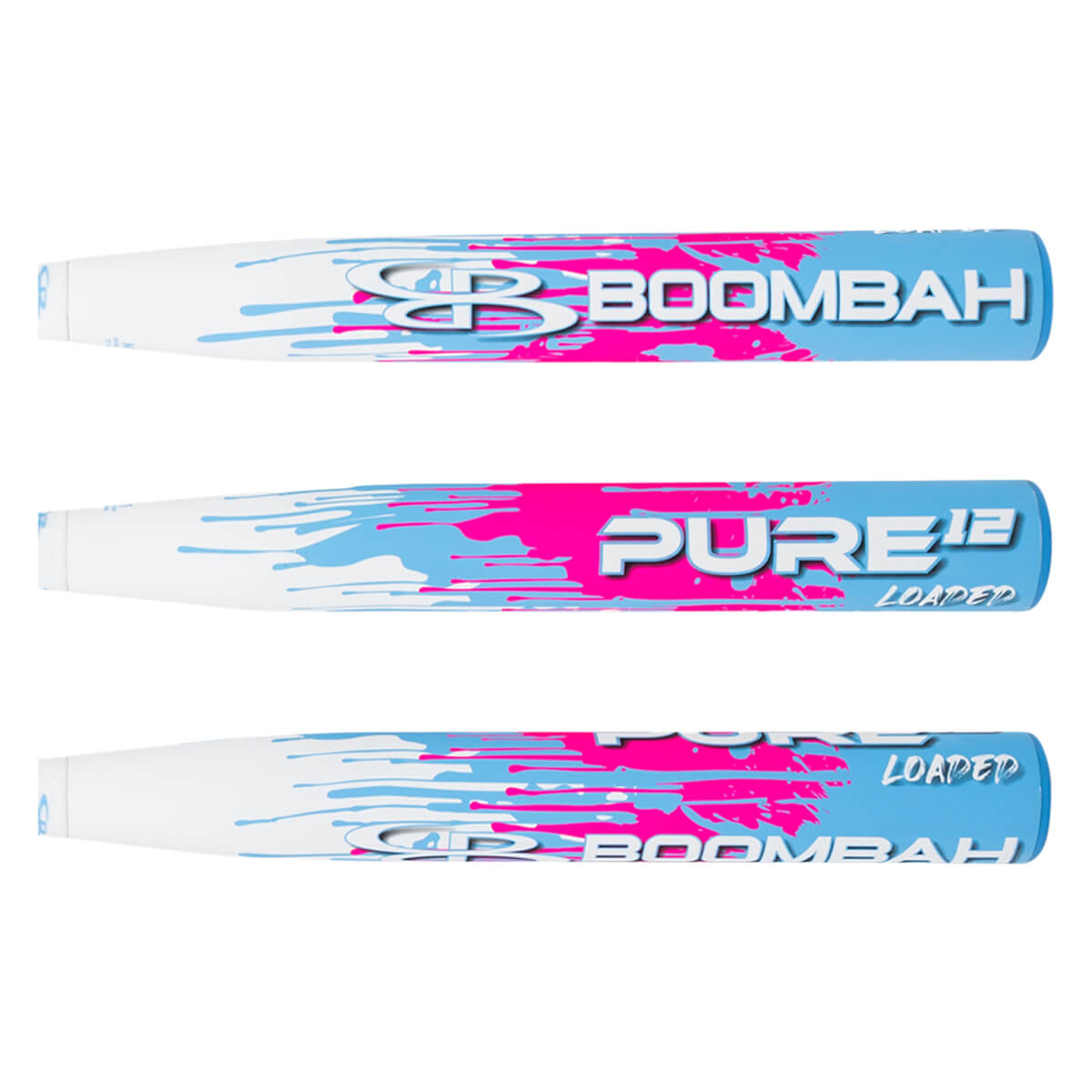 Side view of a white baseball bat with blue and pink paint splatters, featuring "BOOMBAH" and "PURE12 LOADED" text.